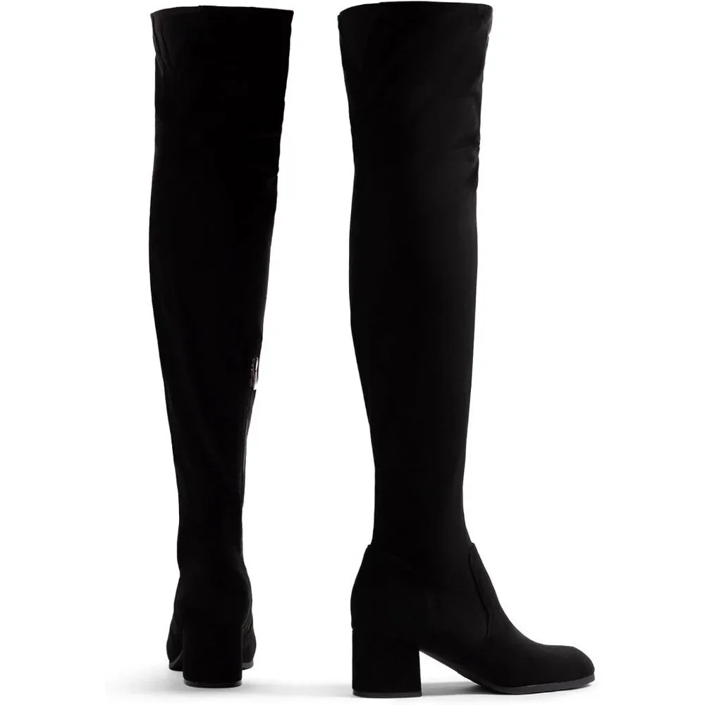 Women's Black-suede Faux Leather Over The Knee Thigh High Chunky Heel Long Boots